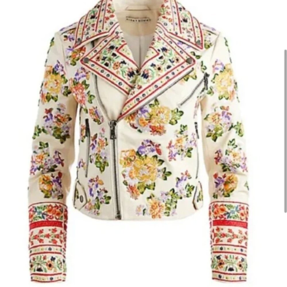 Alice + Olivia Embellished Leather Moto Jacket - XS